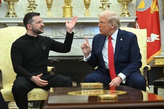 President Donald Trump and Ukrainian President Volodymyr Zelensky speak amid a chaotic meeting at the Oval Office in February